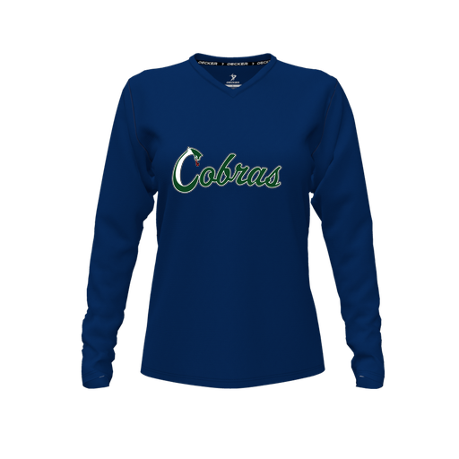 [CUS-DFW-TEES-CMF-VNK-LSL-NVY-FYXS-LOGO2] Decker Comfort T-Shirt (Female Youth XS, Navy, V Neck, Logo 2, Long Sleeve)