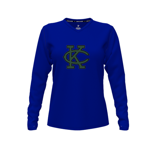 [CUS-DFW-TEES-CMF-VNK-LSL-RYL-FYXS-LOGO1] Decker Comfort T-Shirt (Female Youth XS, Royal, V Neck, Logo 1, Long Sleeve)