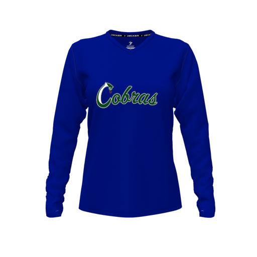 [CUS-DFW-TEES-CMF-VNK-LSL-RYL-FYXS-LOGO2] Decker Comfort T-Shirt (Female Youth XS, Royal, V Neck, Logo 2, Long Sleeve)