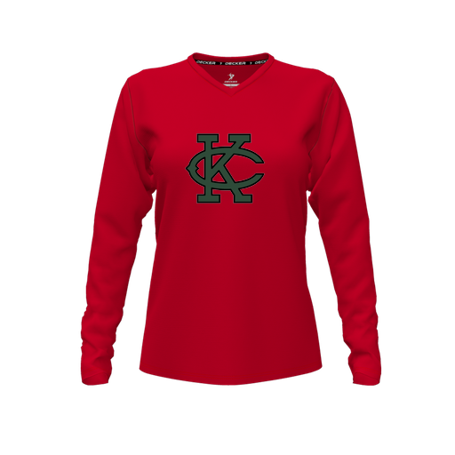 [CUS-DFW-TEES-CMF-VNK-LSL-RED-FYXS-LOGO1] Decker Comfort T-Shirt (Female Youth XS, Red, V Neck, Logo 1, Long Sleeve)