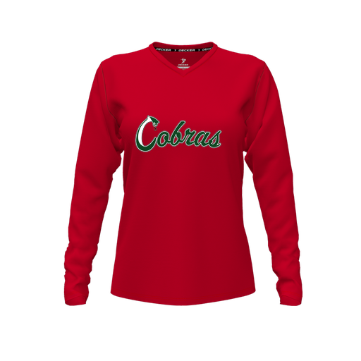 [CUS-DFW-TEES-PER-VNK-LSL-RED-FYXS-LOGO2] Decker Performance T-Shirt (Female Youth XS, Red, V Neck, Logo 2, Long Sleeve)